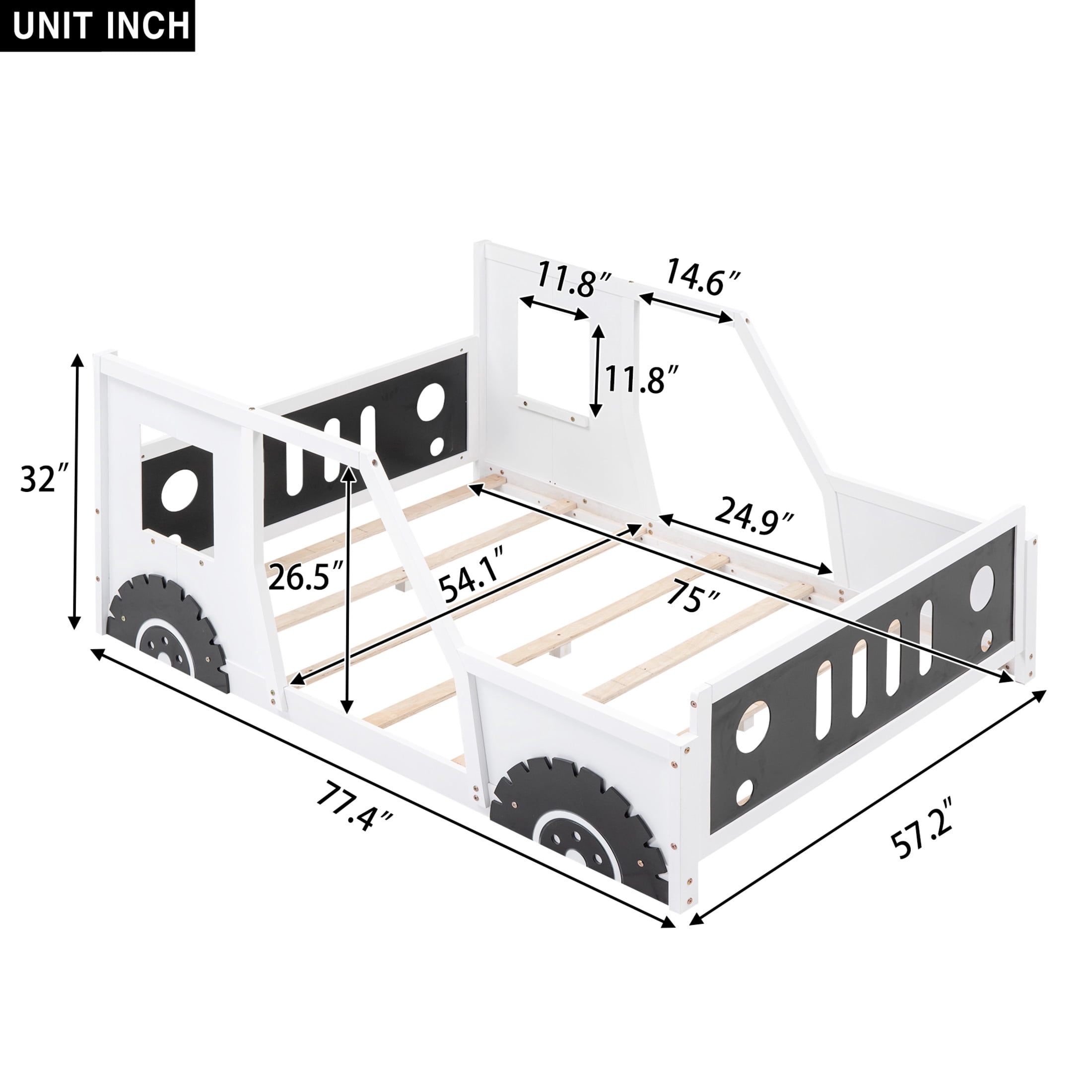 Noble House Full Classic Car-Shaped Platform Bed, Playful Pine Wood Frame with Doors and Wheels, White