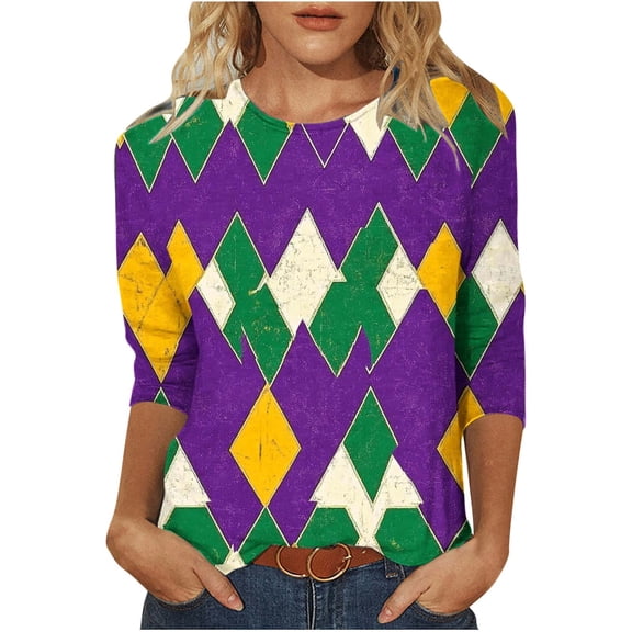 Byworldtasic Women's Carnival Sequins Top Casual Print Round Neck 3/4 Sleeve T-shirt Mardi Gras Blouse