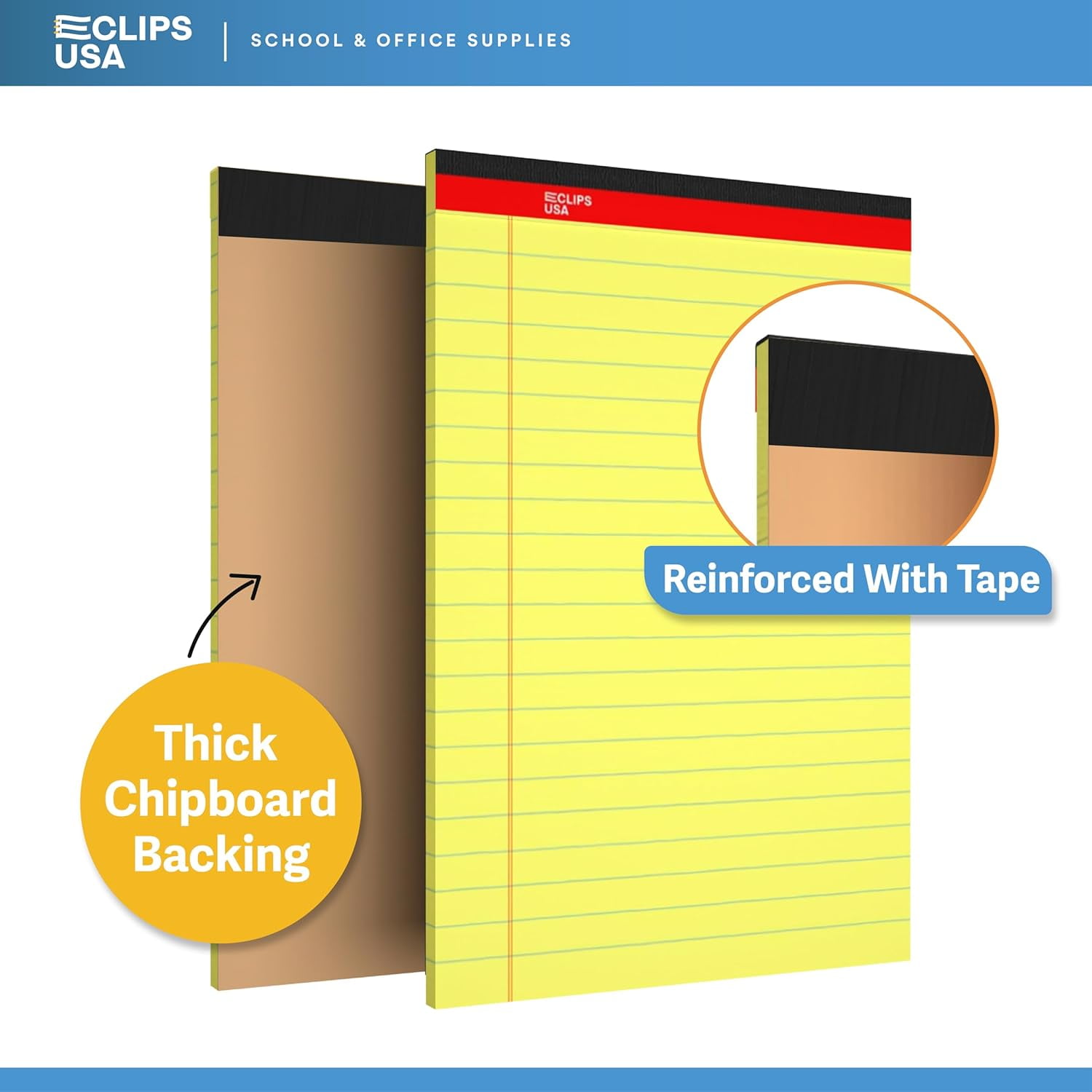 E-Clips USA 50-Sheet Legal Wide Ruled Paper Notepads with Chipboard Back, Canary Yellow, 12-Pack