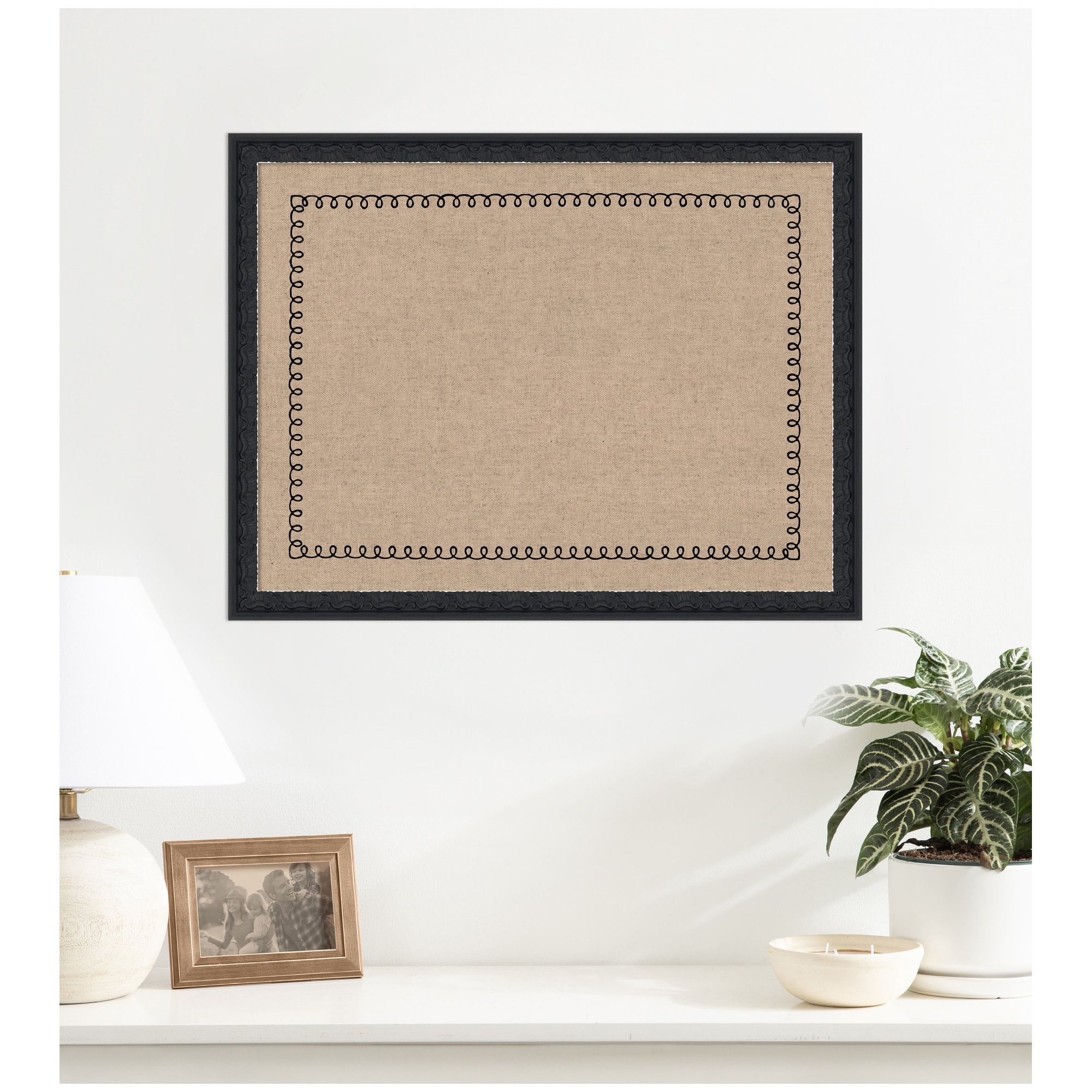 Kate and Laurel Framed Fabric Pinboard 26 x 20, Black Scalloped Edge Printed Linen Decorative Bulletin Board for Use as a Vision Board or Wall Organization, Bethany Black Frame