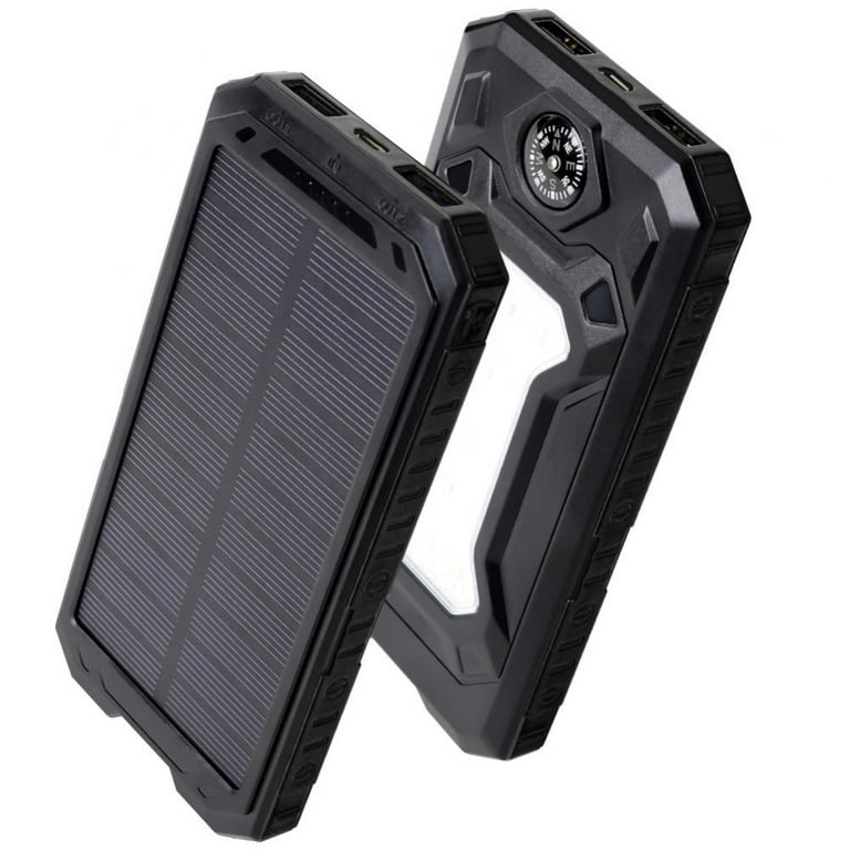 Solar Power Bank, Qi Portable Charger 10,000mAh External Battery Pack Type  C Input Port Dual Flashlight, Compass, Solar Panel Charging 