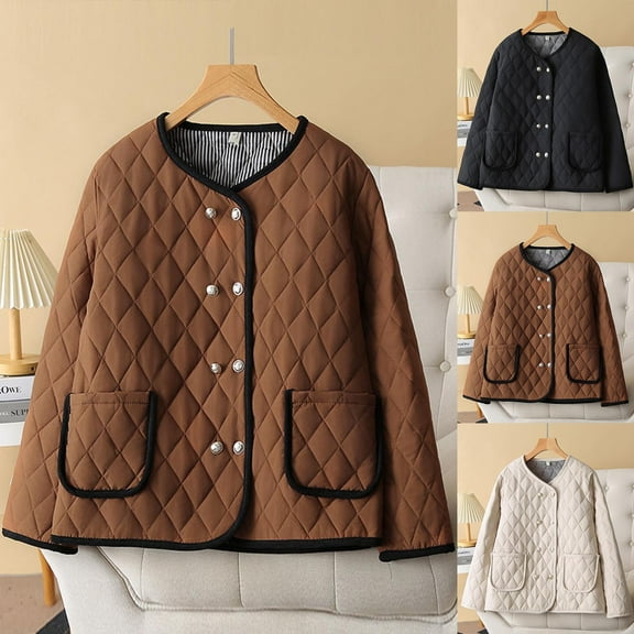 Brondbend Women's Winter Jacket Women's Coats and Jackets Crewneck Long Sleeved Button Coat with Pocket Solid Color Thick Loose Outerwear Casual Party Warm Top,Beige