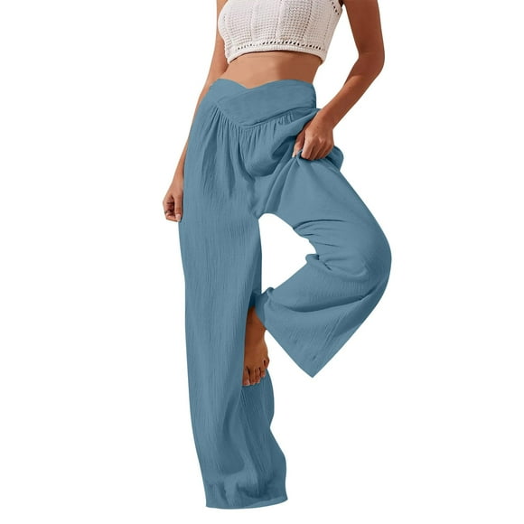 Pantalon Palazzo de Détente à Jambe Grand pour Femmes, Été, Taille Haute Croisée Rabattable, Pantalon de Survêtement avec Poches (XX-Grand, Bleu)
