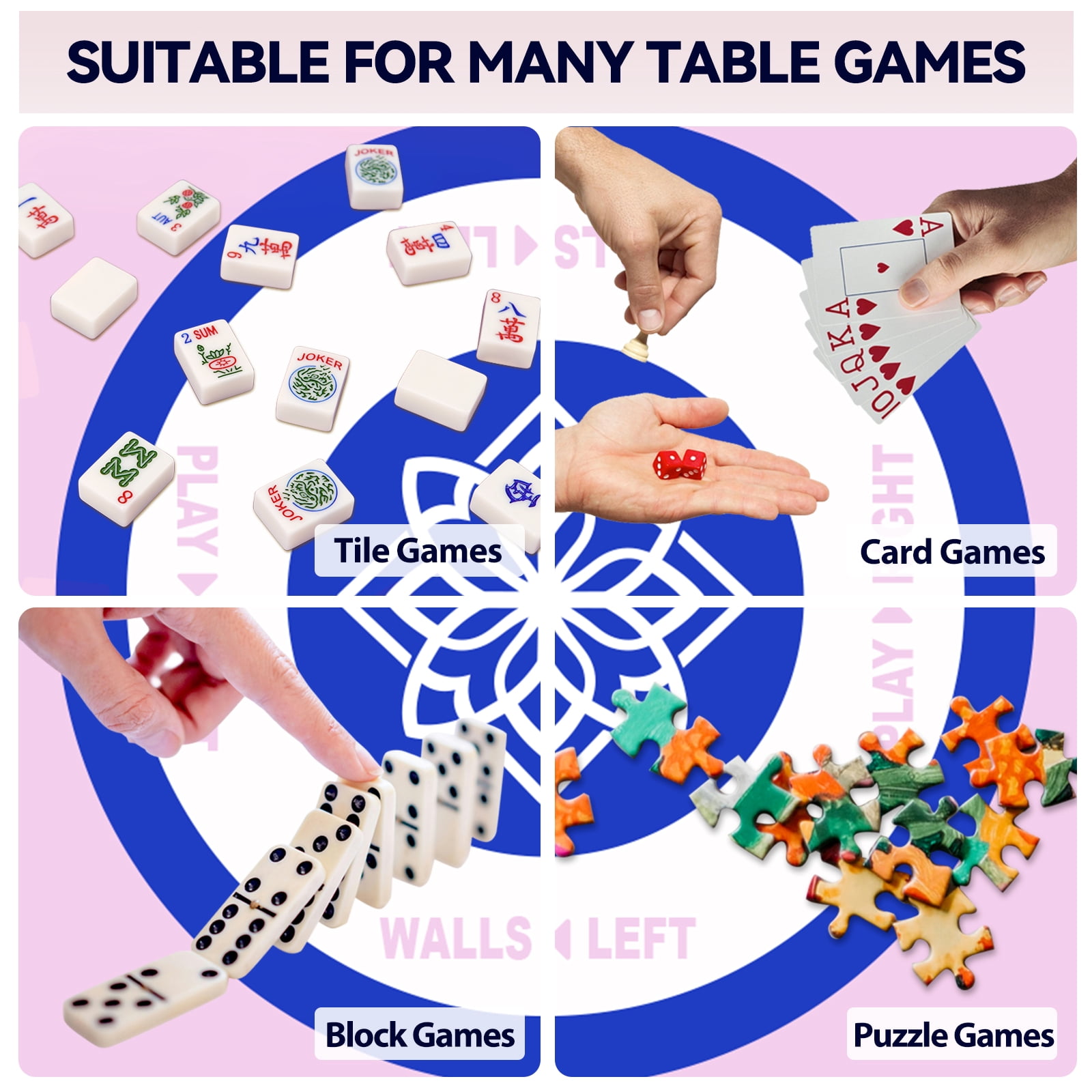 Classic Mahjong Game Mat | 32x32 Inch Non-Slip, Noise-Reducing Mat with Official Rules for Easy Learning | Portable Multi-Game Surface for Poker, Tiles, Dominoes & Cards (Pink & Blue)