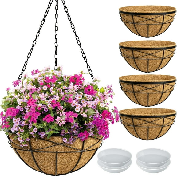 MY.Hanging Planters for Outdoor Plants: 4 Pack 16" Hanging Baskets Flower Pots with Coco Liners & Plastic Saucer Extra Large Deep Hanging Plant Holder for Porch Balcony Garden Décor
