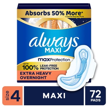Always Maxi Overnight Pads with Wings for Women, Size 4, Overnight Absorbency, Unscented, 72 Count