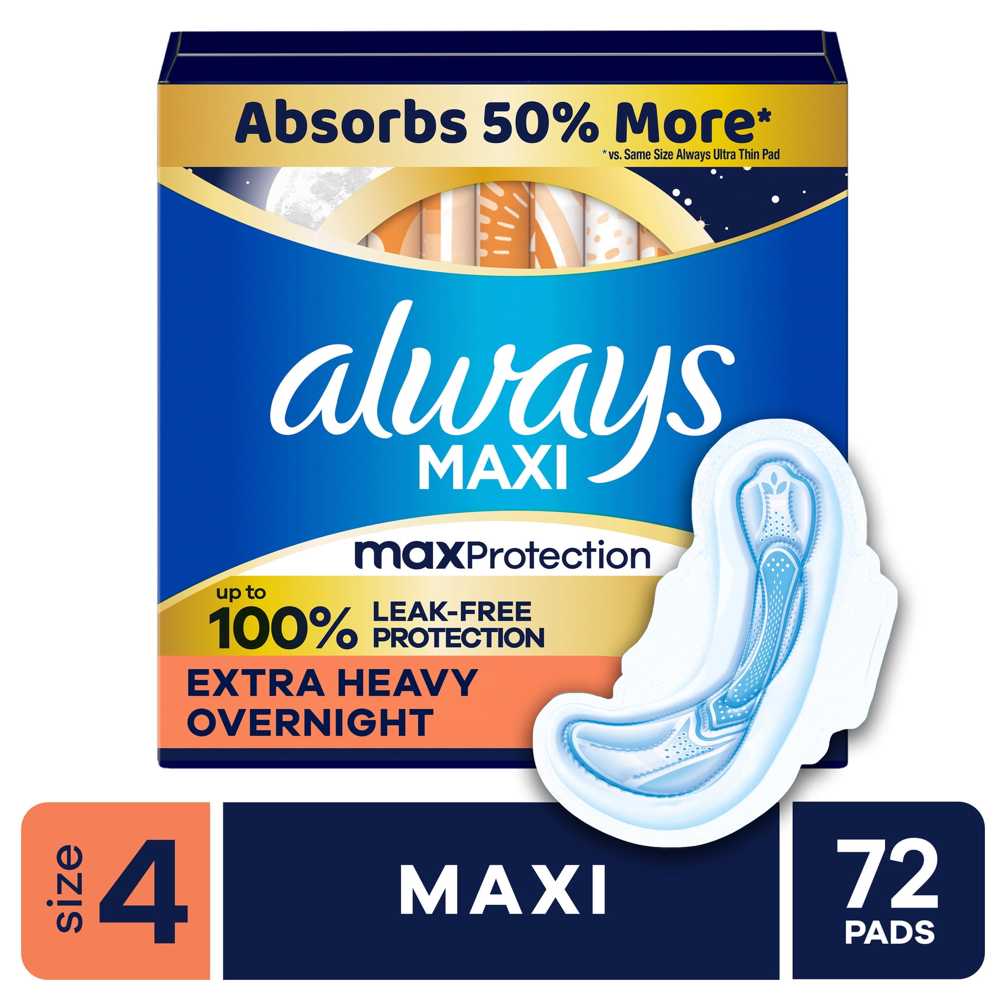 Always Maxi Pads with Wings for Women, Size 4, Overnight Absorbency, Unscented, 72 Count