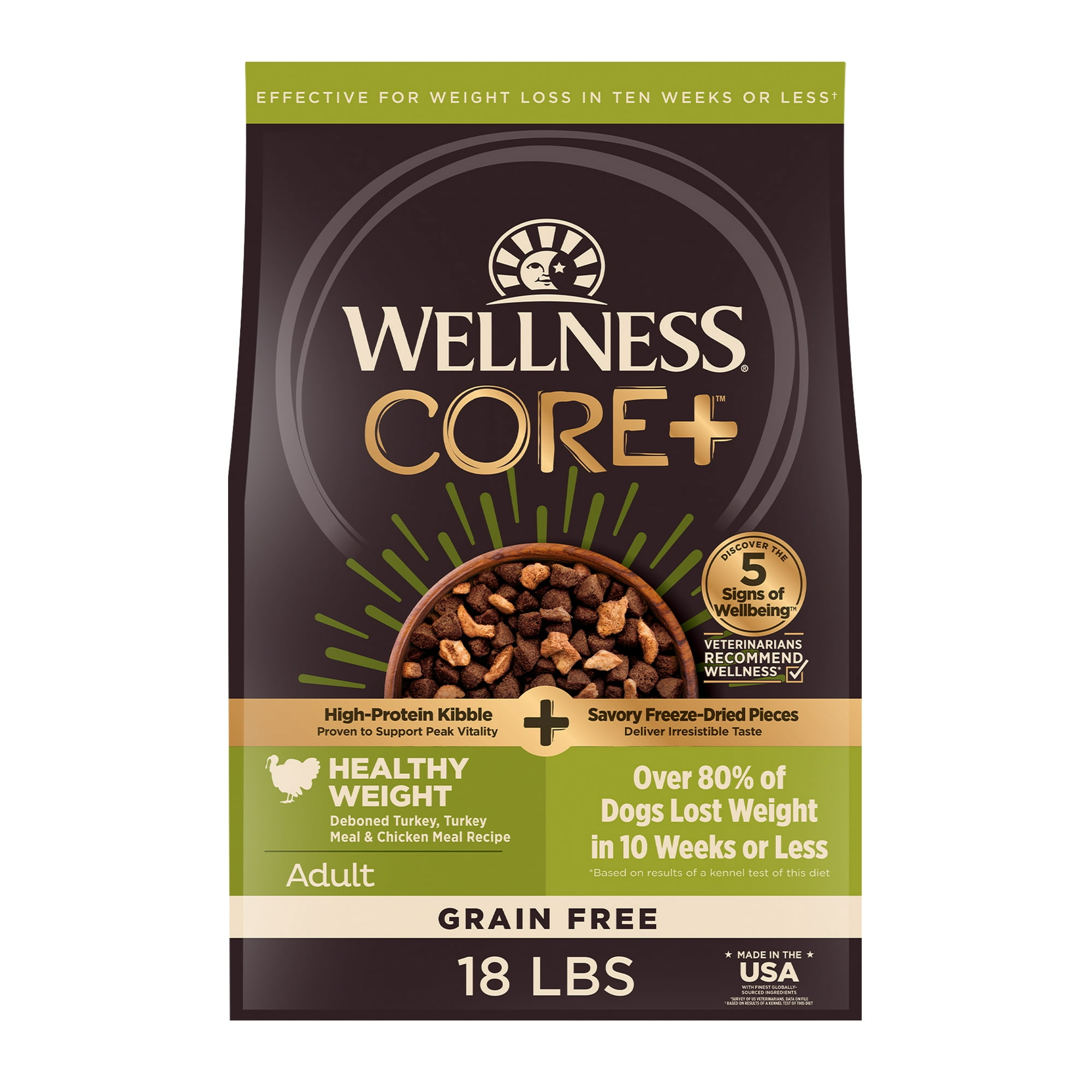 Wellness CORE+ Dry Dog Food with Freeze Dried Pieces, Grain Free, High Protein, Natural, Healthy Weight Turkey & Chicken Recipe, (18-Pound Bag)
