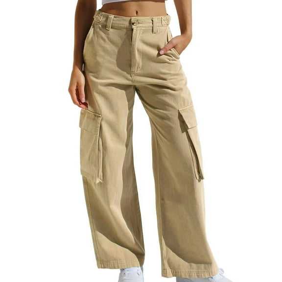 ClodeEU Women's Mid Rise Cargo Jean Pant,Straight Leg Pants with Pockets , Loose Fashion Pants Khaki,Womens Plus XL