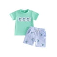 thumbnail image 1 of Conjuntos de verano para niños: camisetas de manga corta con cuello redondo y bordado de peces, y pantalones cortos a rayas., 1 of 9