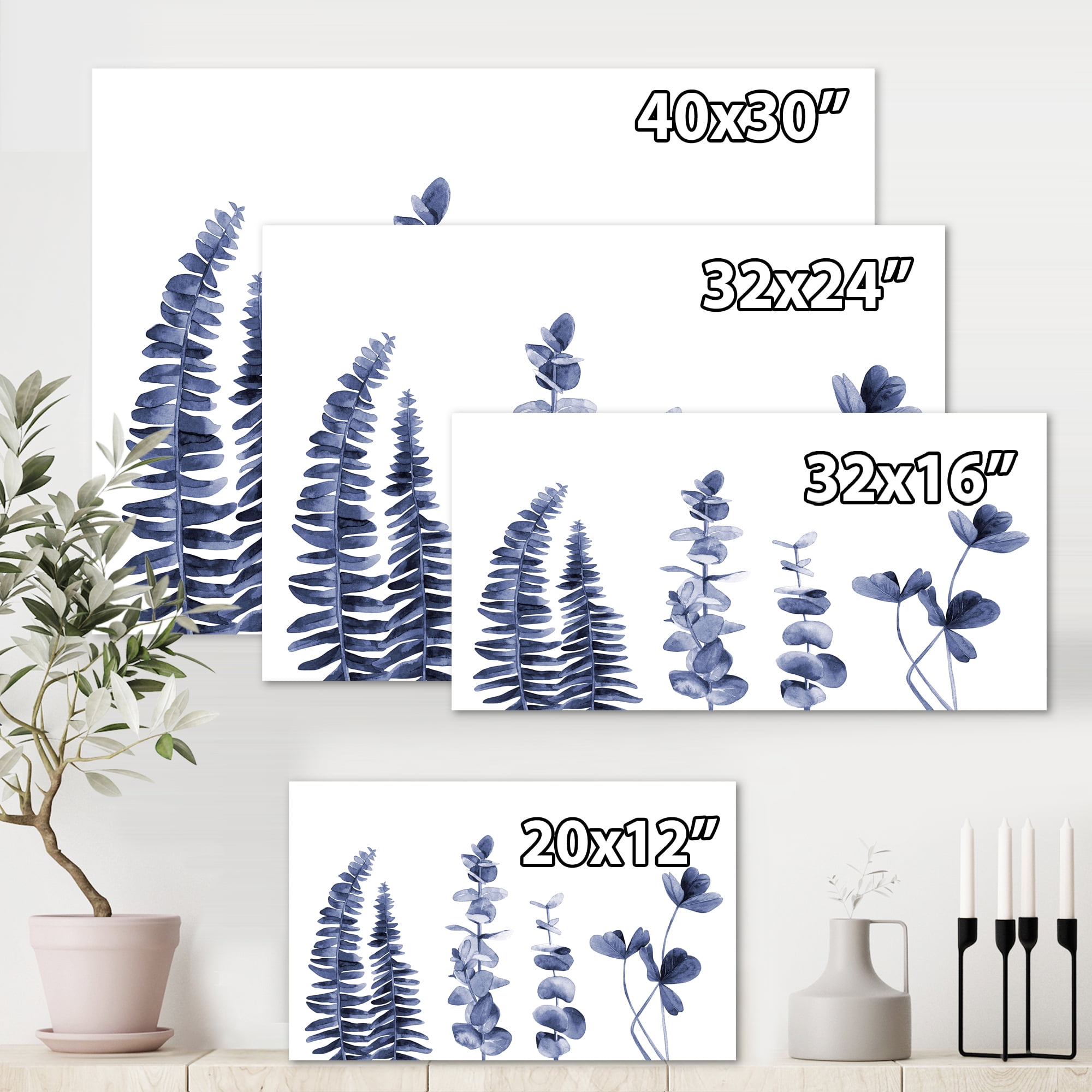 Navy Blue Eucalyptus On White I 32 in x 24 in Painting Canvas Art Print, by Designart