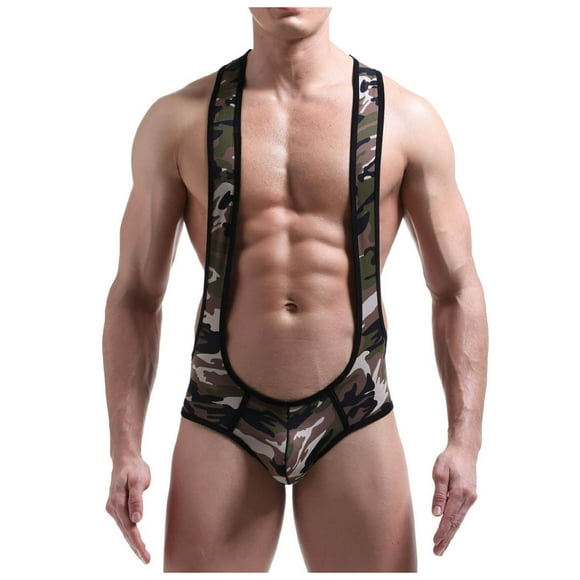 GDREDA Lingerie Teddy Men's Sexy Chain Sexy Underwear Trend Men's Underwear U Pouch Sexy Camo Sport Vest Triangle Wrestling Suit Army Green,L