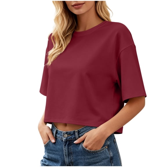 Hurxie Women Half Sleeve Cropped T-Shirts Drop Shoulder Round Neck Crop Tops Casual Summer Solid Color Basic Tees Wine,XL