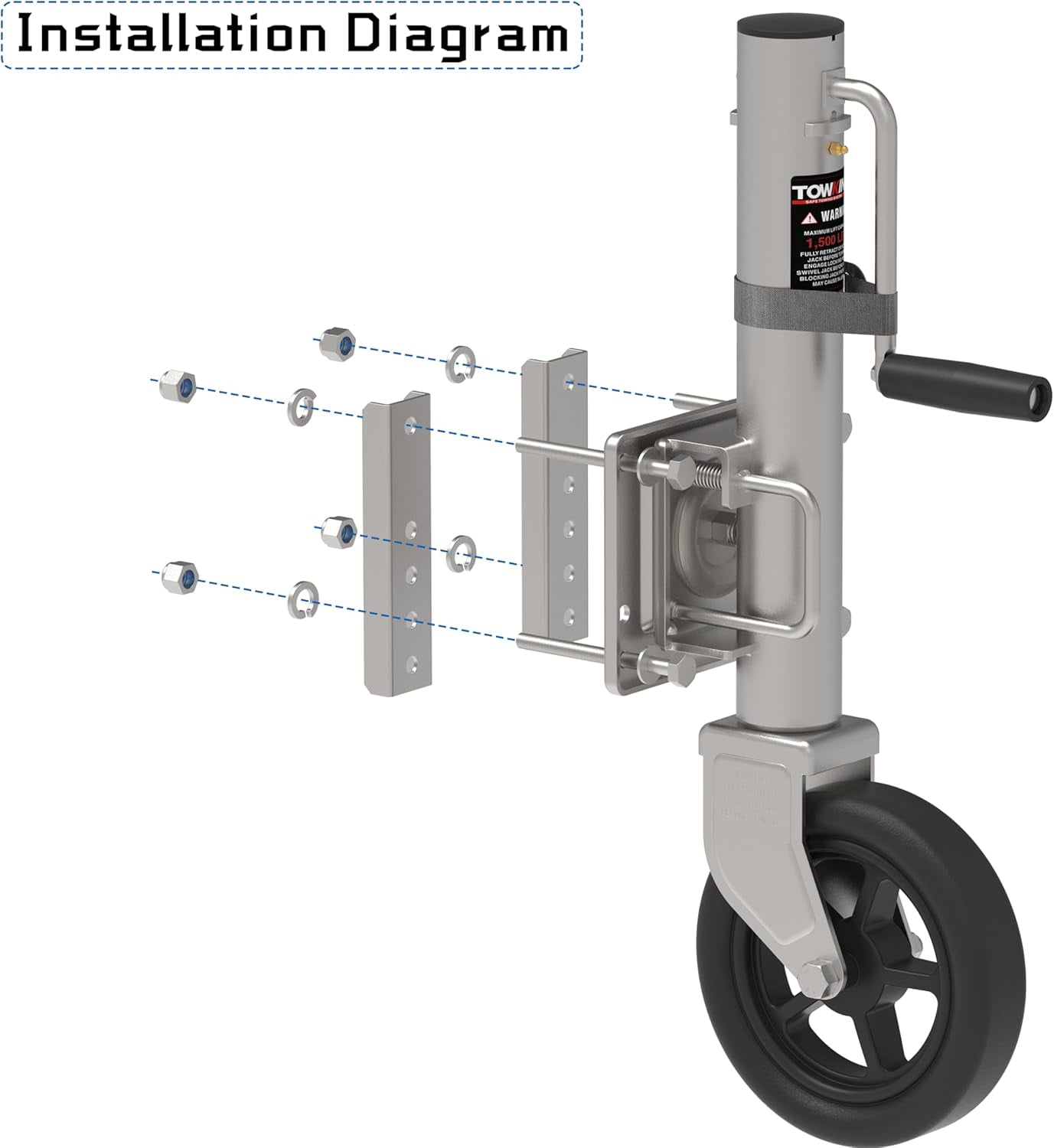 TOWKING 8" Spoke Wheel Trailer Jack, 10" Vertical Movement, 1500 lbs, for RV, Boat, Trailer and More, Silver