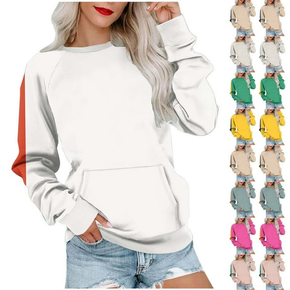 ATOYSOY Women's Crew Neck Sweatshirts Loose Tops Long Sleeve Tees Fall Winter Casual Shirts Pockets Fashion Color Block Pullover with Pockets Outwear Brown L