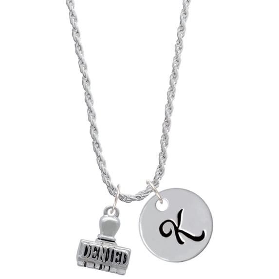 Delight Jewelry Silvertone 3-D ''Denied'' Stamp Silvertone Script Initial Disc - K - Charm Necklace, 20"+3"