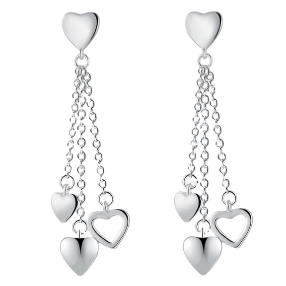 Long Tassel Three Heart Dangle Earrings for Women & Fashion Enthusiasts,Chic Tassel Heart Jewelry for Daily Wear Dates Weddings Parties & Anniversary Gifting,Lightweight Drop Stud Earrings,Silver
