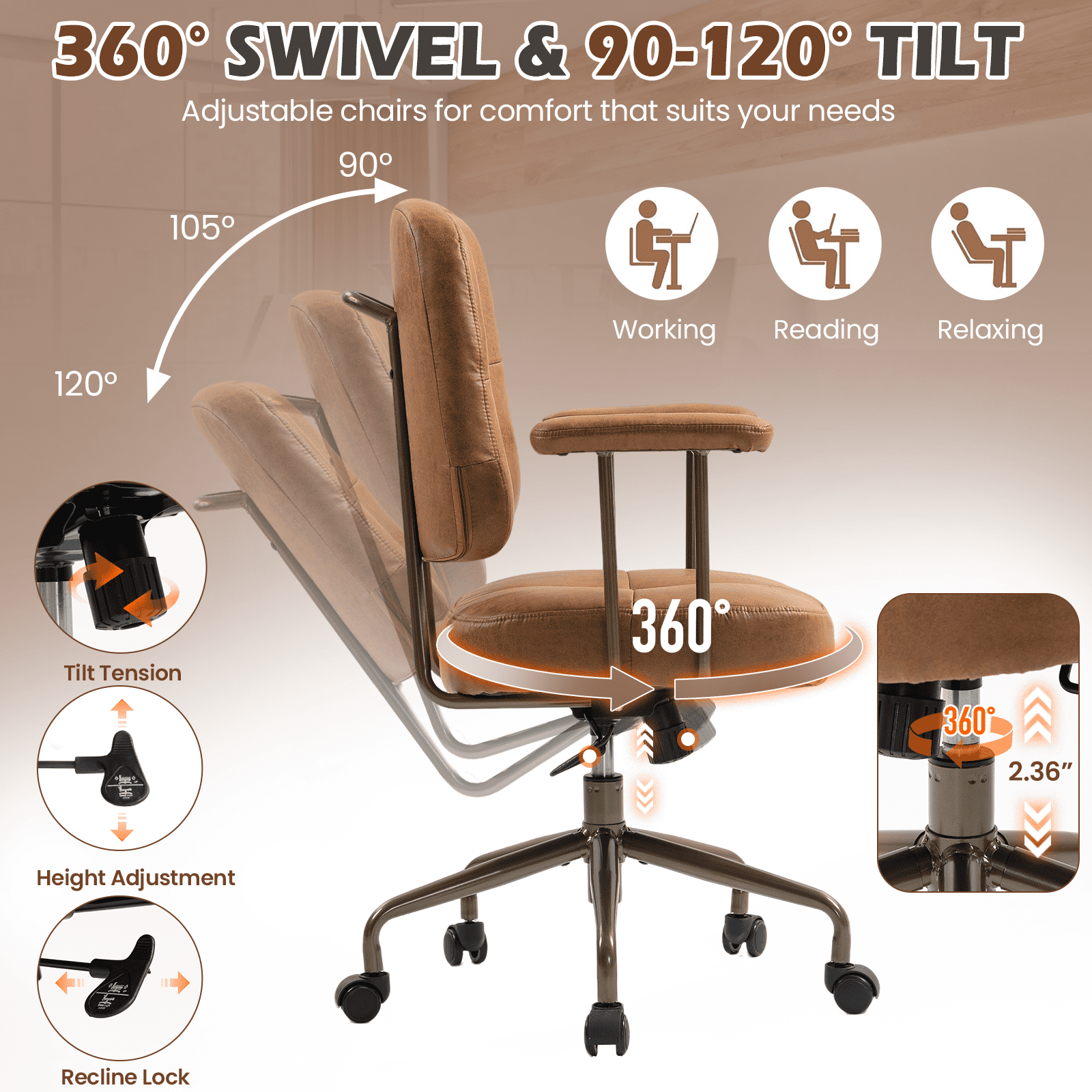 AVAWING Mid Century Modern Fabric Office Chair, Upholstered Desk Chair with Armrests, Brown(Brown Frame)