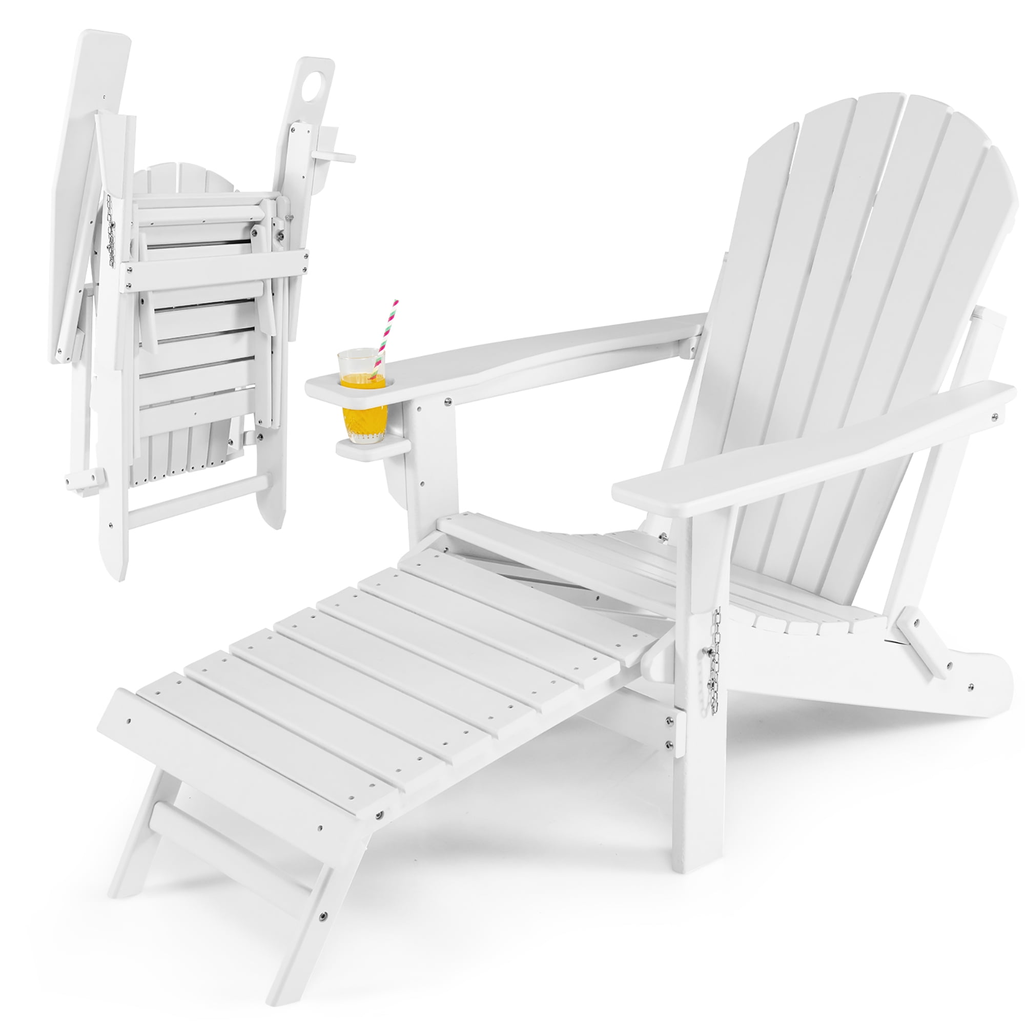 Costway Patio Folding Adirondack Chair HDPE AllWeather PullOut Ottoman White