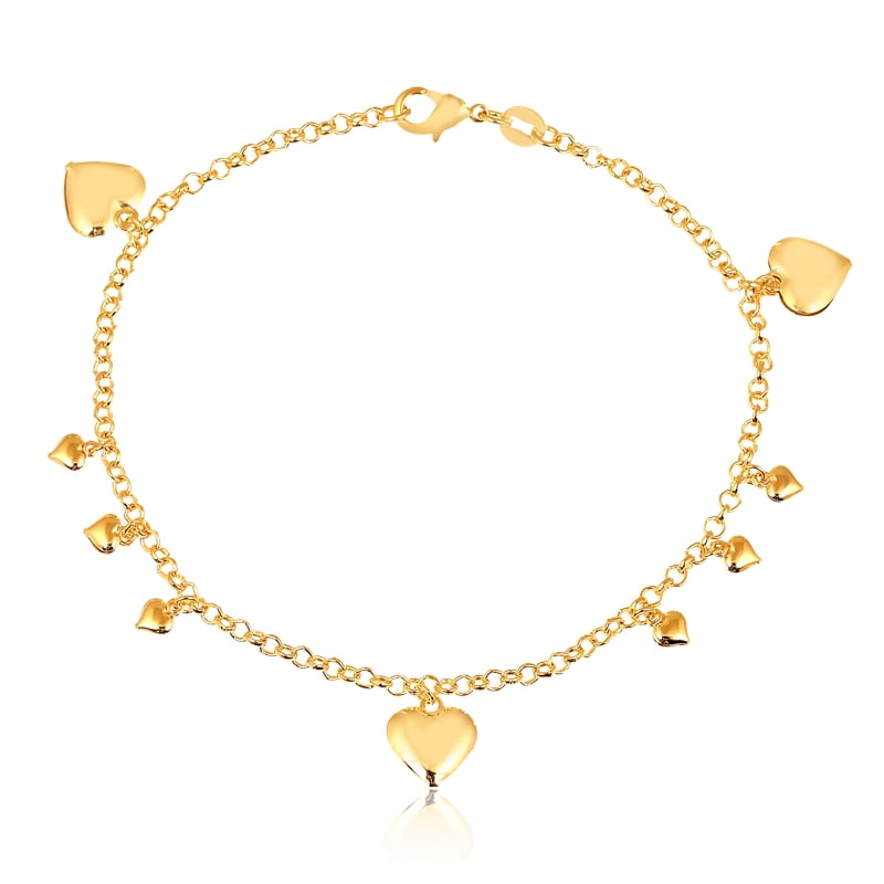 Heart Charm Anklet Bracelet 14k Yellow Gold  9-10 Adjustable  Double Sided  Solid Gold  NOT Gold Filled NOT Gold Plated  Gift for Her