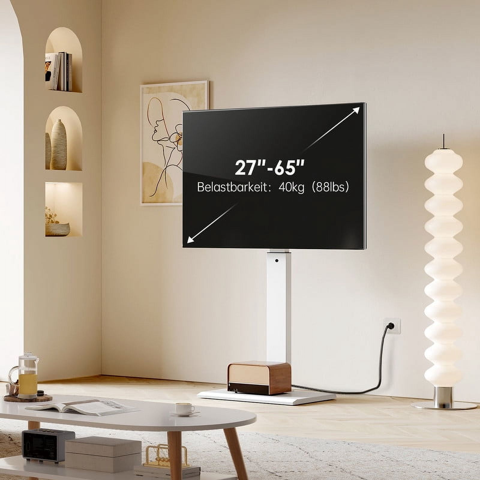 FITUEYES Modern White Swivel Floor TV Stand for TVs up to 65 inch Metal Base with Power Strip Mount