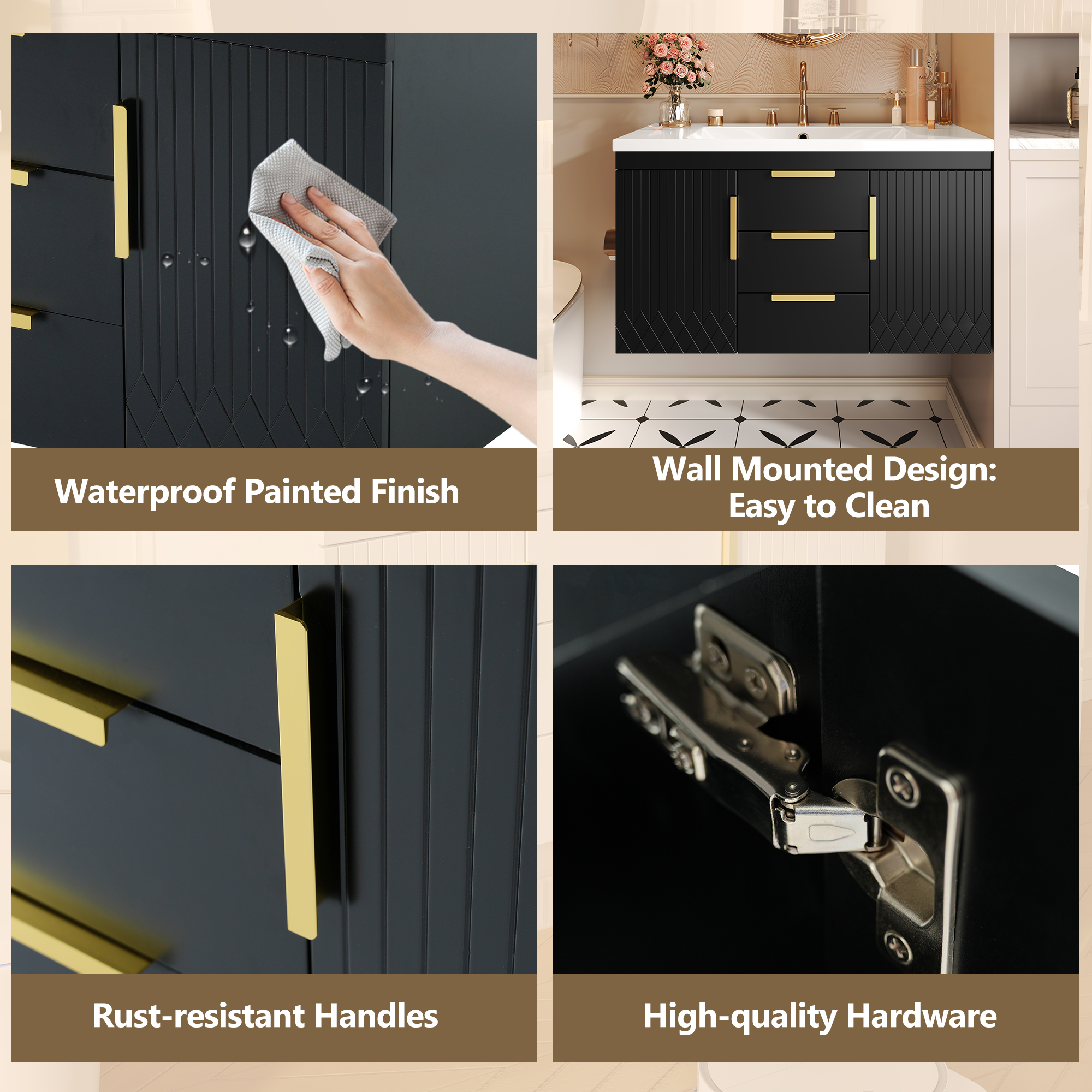 Euroco 36-Inch Wall-Mounted Bathroom Vanity with Resin Sink – Modern Floating Cabinet with Soft-Close Doors and High-Quality Construction