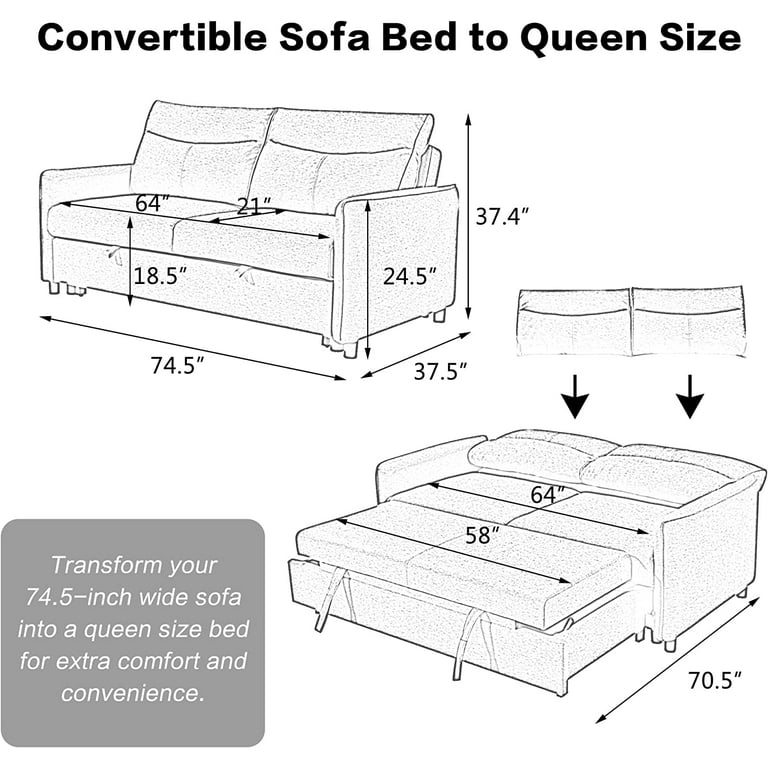 3 In 1 Queen Convertible Sofa Bed 75