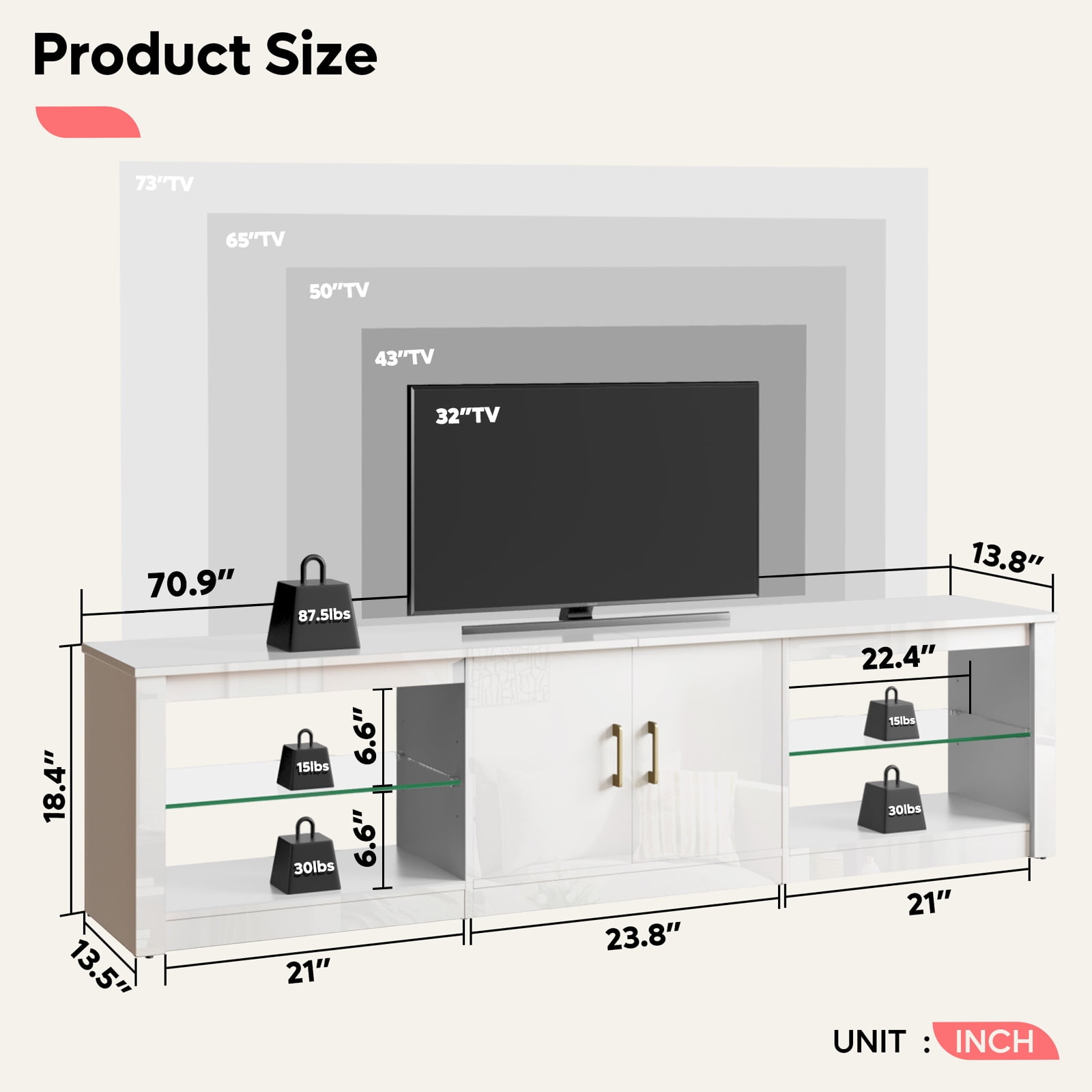 Bestier Modern TV Stand for TVs up to 75" High Gloss Entertainment Center with LED Lights & Storage Cabinet for Living Room in White