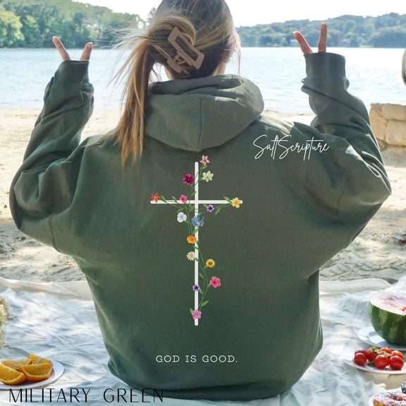 CLOTEX Christian Sweatshirt, Jesus Hoodie with Words on Back, Bible Verse Hoodie, God is Good Shirt, Floral Cross Faith Shirt, Religious Apparel, Black S