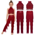 thumbnail image 2 of iiniim Girls 2 Piece Professional Ballroom Latin Dance Outfit Fringe Crop Top and Layered Tassel Pants Set Burgundy 8, 2 of 7