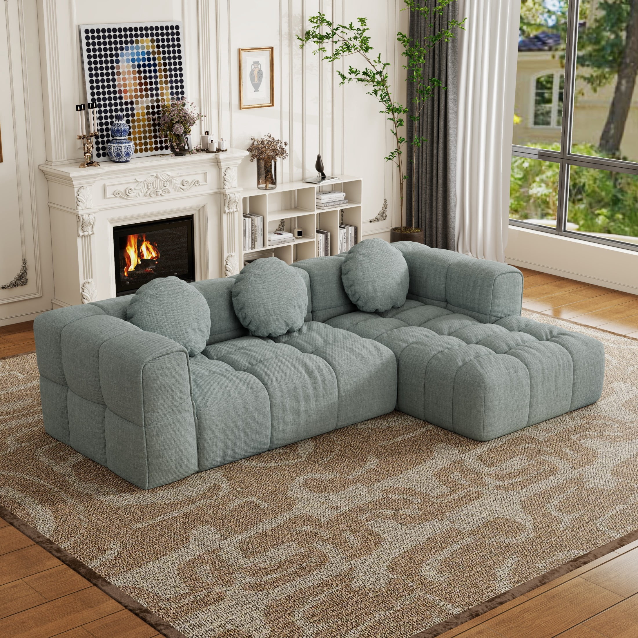 103"Compressed Sofa, Modular Sectional Sofa with Pillows and Right Side Recliner, L Shape Sofa for Living Room, Free Combination, Couch in a Box, No Assembly, Blue Gray