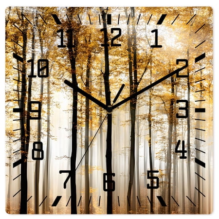 Wall Clock Yellow Autumn Maple Forest Operated Square Clocks Wooden Silent Non-Ticking Wallclock 12 Inch Misty Forest Trees Wood Wall Clock for Living Room Bedroom Office Shool Home Decor