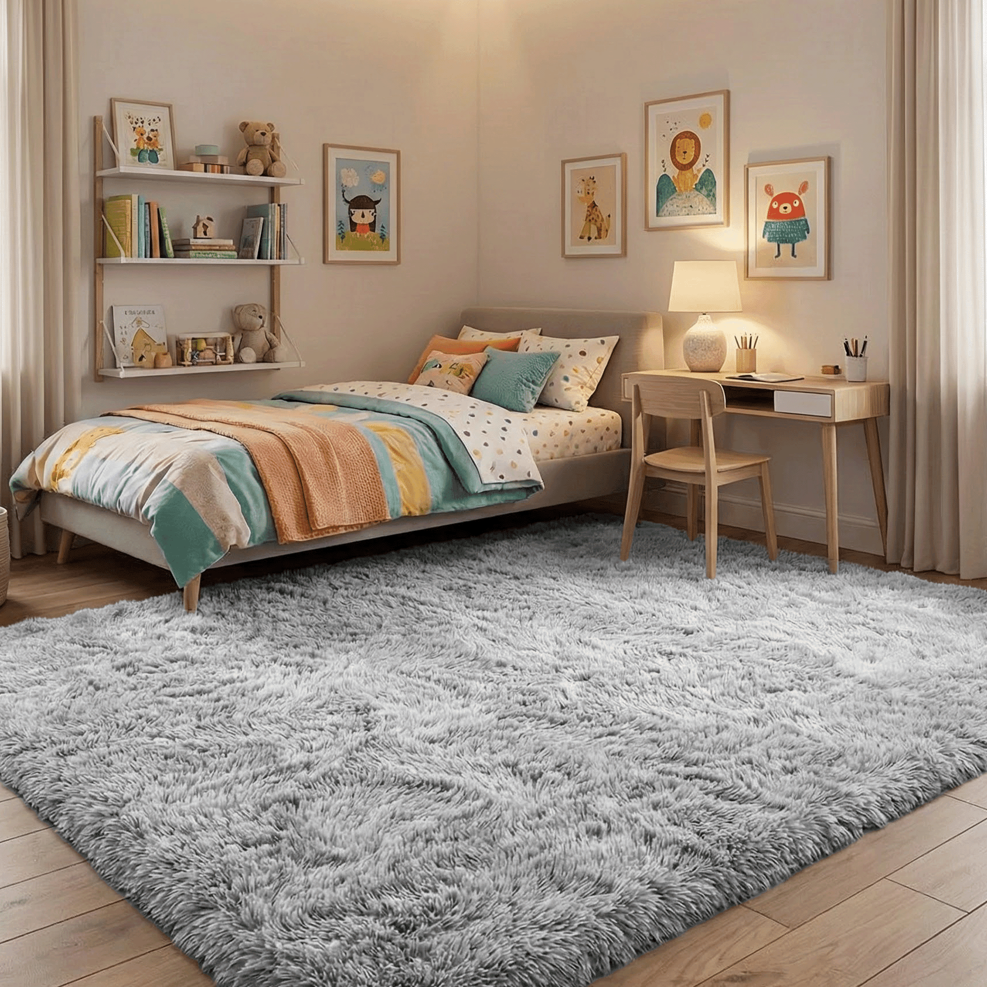 Rugs for Living Room, 6'x9' Soft Fluffy Area Rug for Bedroom, Plush Decorative Rug with Anti-Skid Backing, Indoor Home Carpet for Living Room, Light Grey