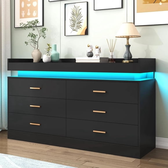 Cajonera para Recamara, Moderna Cómoda de 6 Cajones, con Luz Led Y Estación de Carga, 120 * 40 * 80cm