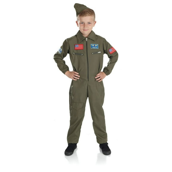 Fun Shack Boys Military Pilot Costume Kids Aviator Flightsuit Air Cadet Uniform Halloween Green M