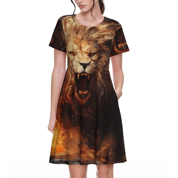 Disketp Cool Fire Lion para Vestido de Manga Corta para Mujeres, Vestidos de Verano para Mujeres, Casual y Holgado para la Playa