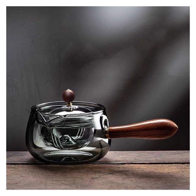 Tetera de vidrio de borosilicato con mango de madera, mango lateral giratorio, tetera de Kung Fu con filtro