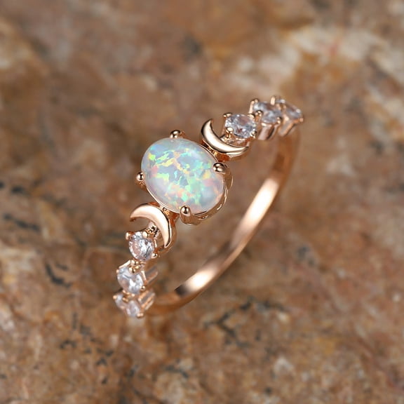 Womens Retro Ring with Oval White Opal Moon Electroplated Copper Geometric Diamond Studded Design Copper Ring for Women