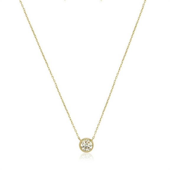14k Gold 16 Inch 6mm Cubic Zirconia Bezel Solitaire Necklace Yellow Gold Pendant Necklace for Women