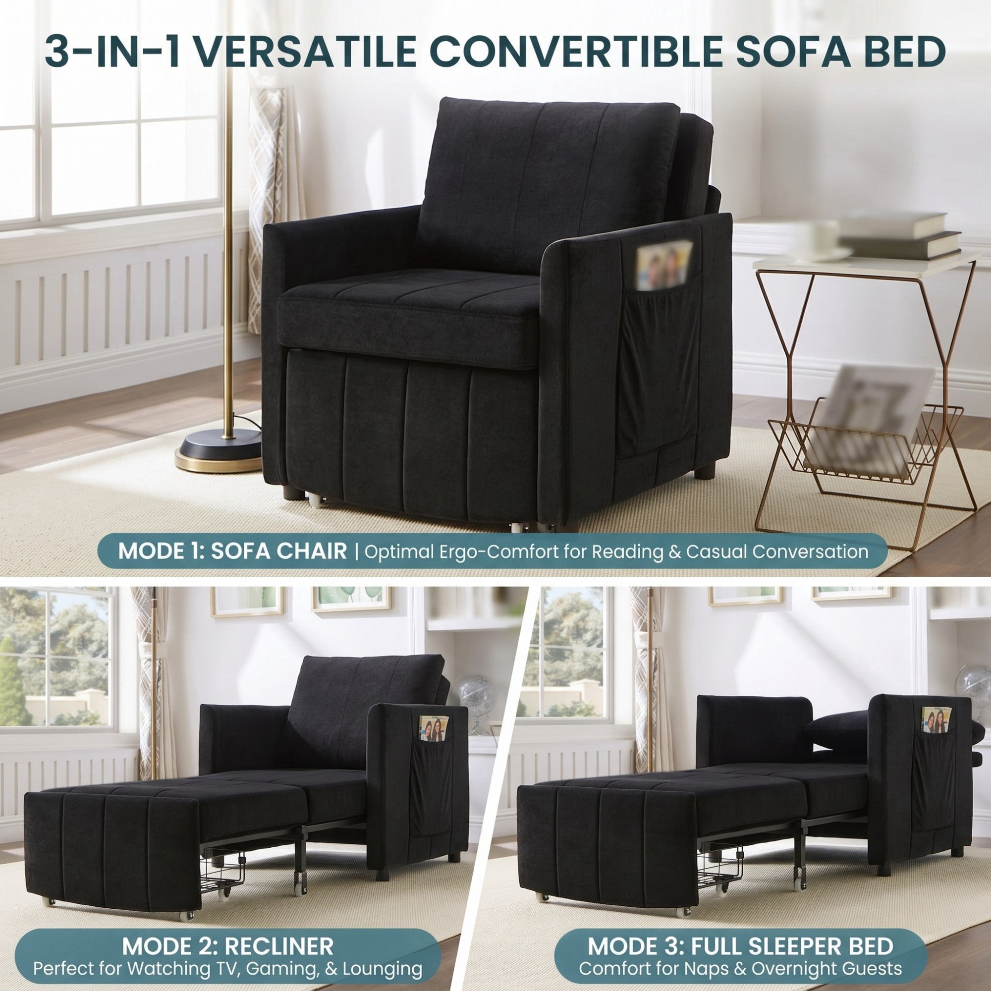 Sailvan 31.5" Convertible Pull Out Sofa Bed, Adjustable Chenille Sleeper Chair with Storage Black