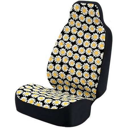 Black Ultra Suede - Coverking Universal Seat Cover Fashion Print, Ultra Suede, Daisy Crazy White Flowers and Black Background with Black Interlock Backing
