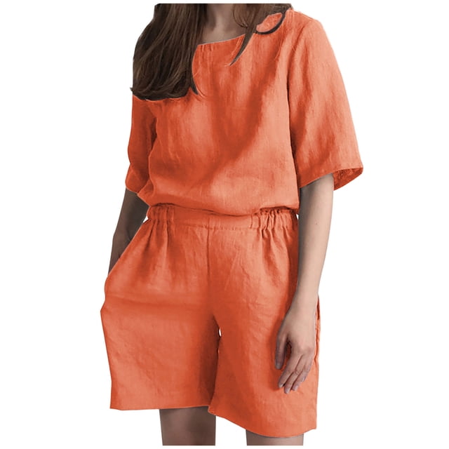Moda mujer Casual verano sólido cuello redondo manga corta Top + pantalón corto conjunto Wmkox8yi bvn219