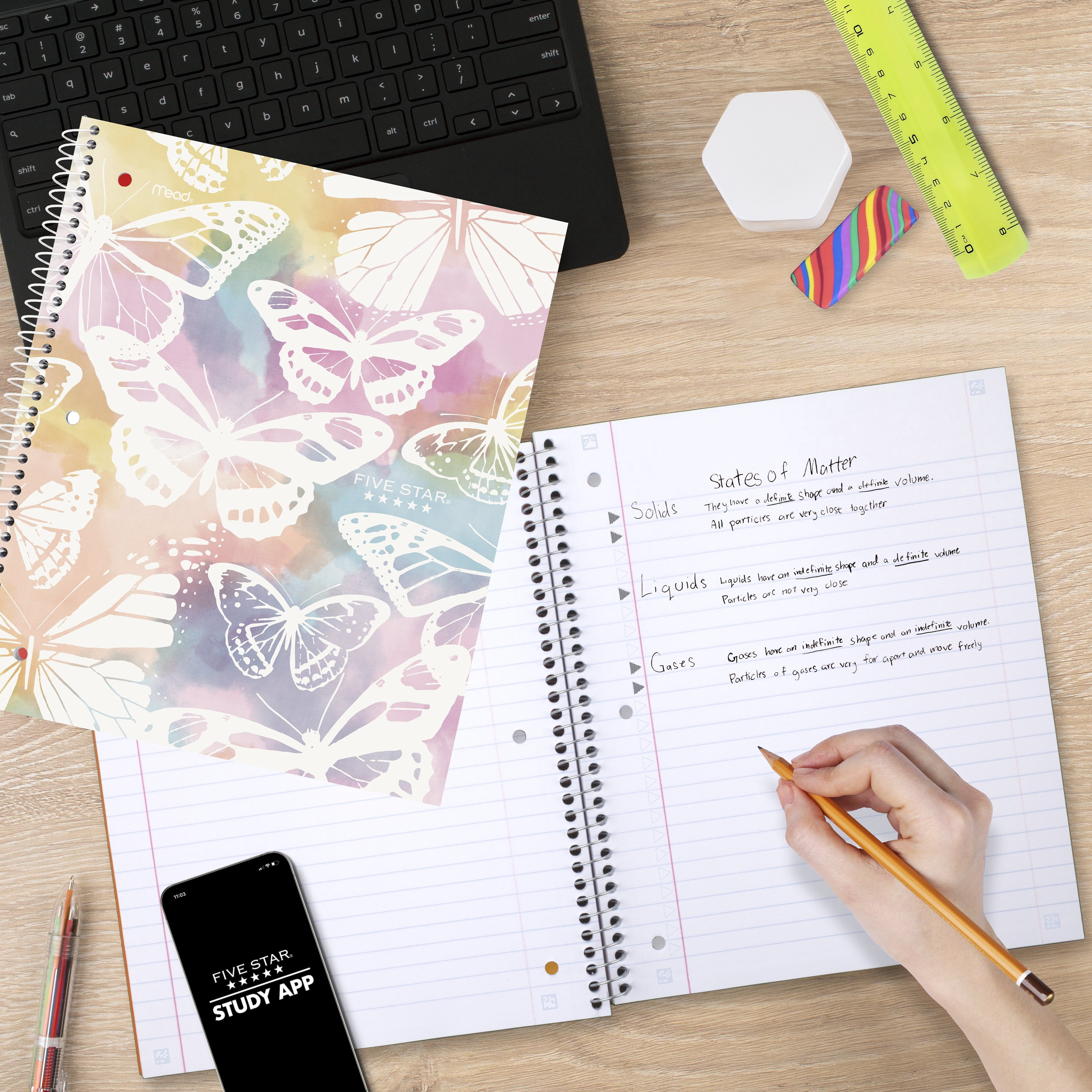 Five Star 1 Subject Wide Ruled Notebook Plus Study App, 8" x 10.5", Pastel Butterfly, Poly, Spiral, 80 Sheets