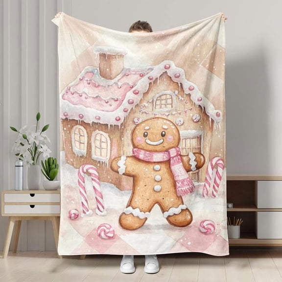 Christmas Throw Blanket Gingerbread Man Box Cartoon Sanwfall Pink Soft Flannel Indoor Decorations Comfort Blankets for Healing Living Room Bedroom Fluffy Pink Christmas Decor Christmas Bedding