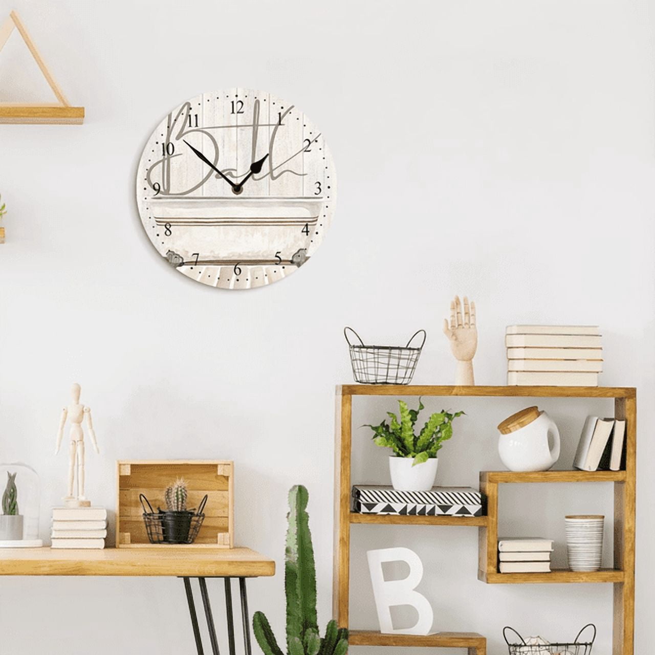 Ymaotrade Bath Decorarion Wood Wall Clock 10in Battery Operated Non-Ticking Wall Clock, Rustic Farmhouse Style Wall Clocks for Coffee Home Bathroom Washroom Funny Restroom Toilet