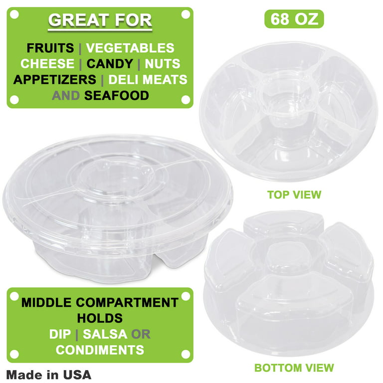 Fit Meal Prep 10 Inch Round Plastic Appetizer Tray with Lid - 5 Compartment  Container, Food Serving Dip Platter, Disposable Clear PET Storage, Kids