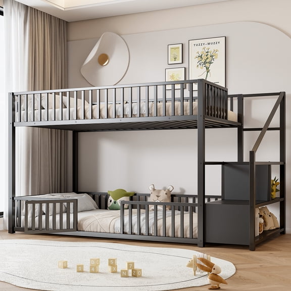 Harper & Bright Designs Twin Size Metal Bunk Bed with Storage stairs, Twin over Twin Heavy Duty Bunk Bed Frame with Fully Enclosed Safety Rail for Apartment Dormitory, Black