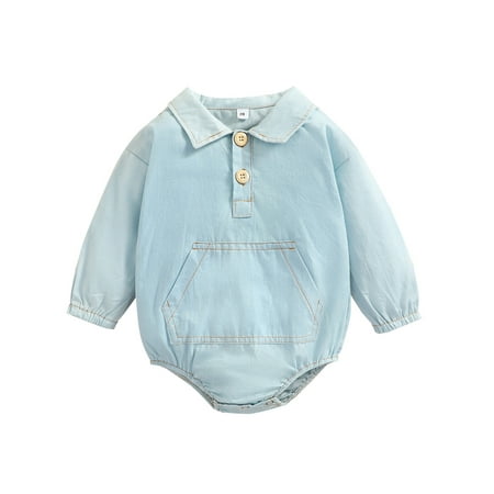 

Luckinbaby Babies Romper Light Blue Solid Color Long Sleeve Collared One-piece