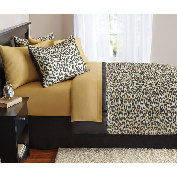 Mainstays Cheetah Print 6 Piece Bed in a Bag Comforter Set With Sheets,  Twin 