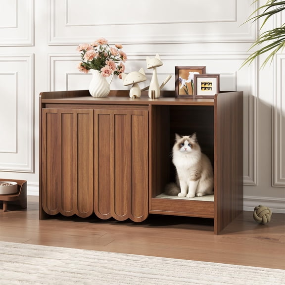 VEANERWOOD 31.5" Hidden Cat Litter Box Enclosure with Scratch Pad, Walnut